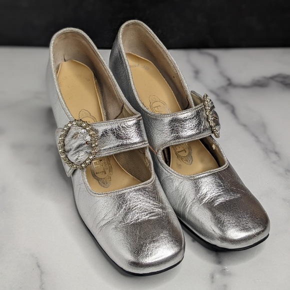 Vintage silver foil leather & rhinestone heels pumps - Picture 7 of 8